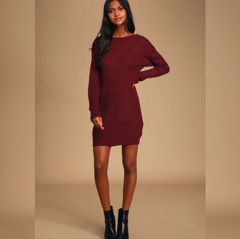 Lulu's Bringing Sexy Back Wine Red Backless Sweater Dress - Size M